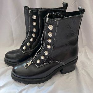 Steve Madden Granite Black Leather Front Zip Boots Pearl Accents